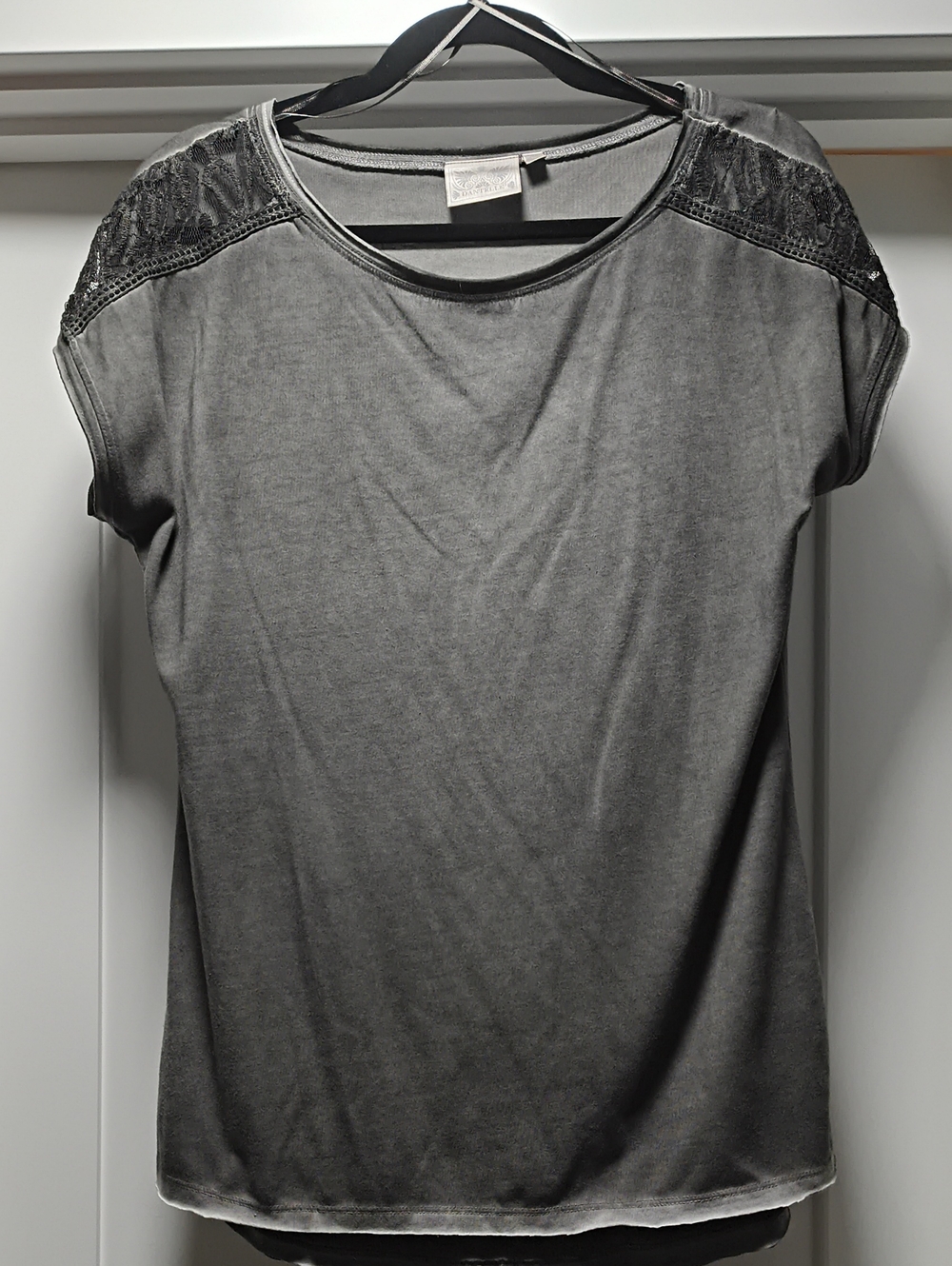 Dantelle Gray Short Sleeve Top with Lace Shoulders